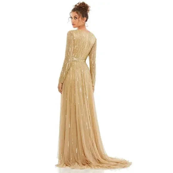 Mac Duggal 4977 Gold Sequin Beaded Illusion Sleeve Gown 4 NWT - Picture 8 of 9